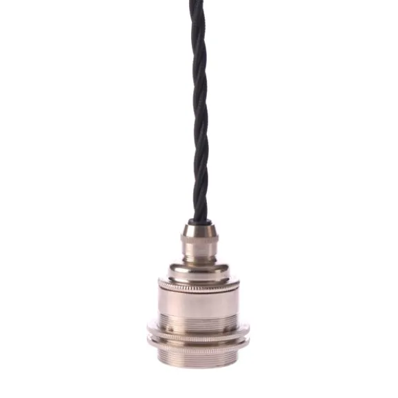 Upphäng E27 gäng. 2 ringar nickel 2,5m svart tvinnad kabel